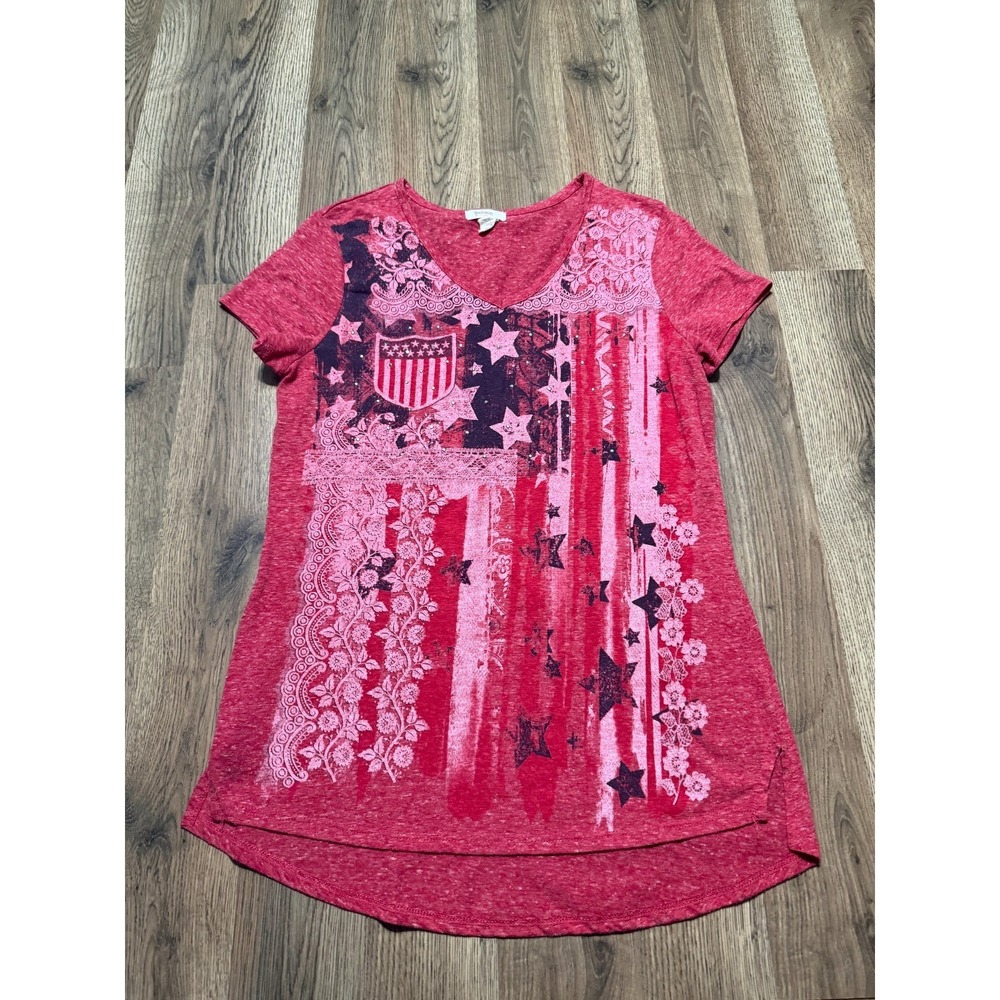 Madison & Berkeley Shirt, Women's Size Large, Red Black Blue, V-neck